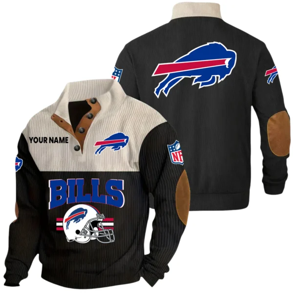 Buffalo Bills Knitted Ribbed Corduroy Sweatshirt Mid Stretch Stand Collar Pullover Sweater, Custom Name