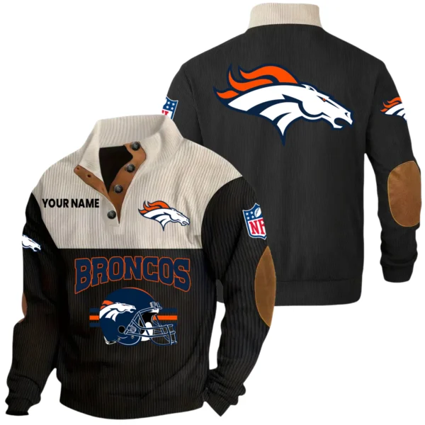 Denver Broncos Knitted Ribbed Corduroy Sweatshirt Mid Stretch Stand Collar Pullover Sweater, Custom Name