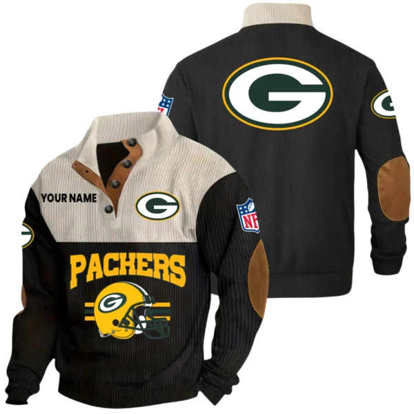 Green Bay Packers Knitted Ribbed Corduroy Sweatshirt Mid Stretch Stand Collar Pullover Sweater, Custom Name
