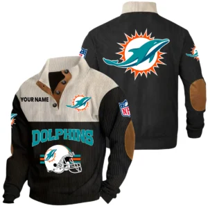 Miami Dolphins Knitted Ribbed Corduroy Sweatshirt Mid Stretch Stand Collar Pullover Sweater, Custom Name