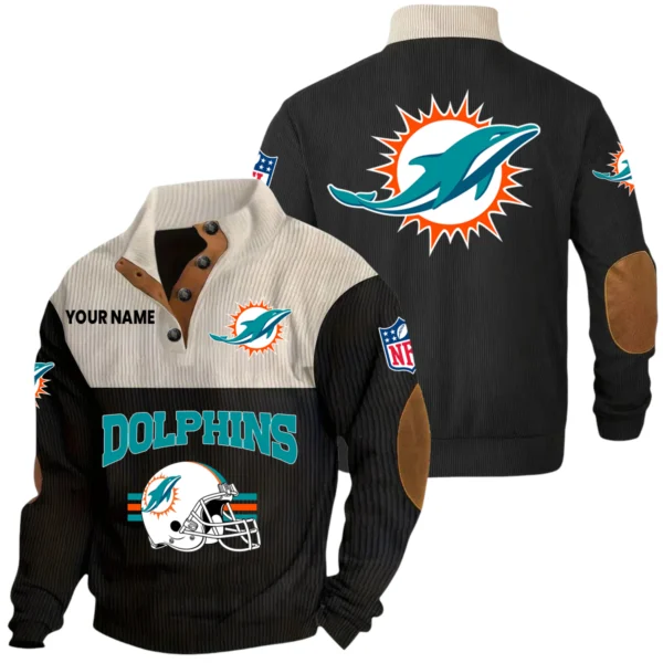 Miami Dolphins Knitted Ribbed Corduroy Sweatshirt Mid Stretch Stand Collar Pullover Sweater, Custom Name