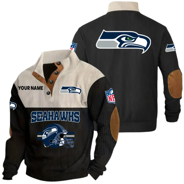 Seattle Seahawks Knitted Ribbed Corduroy Sweatshirt Mid Stretch Stand Collar Pullover Sweater, Custom Name