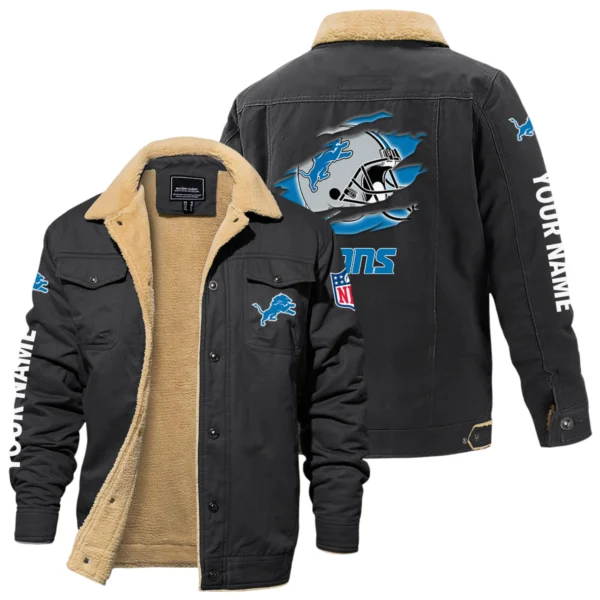 Detroit Lions Fleece Lined Thick Jacket With Fur Lapel Collar Custom Name