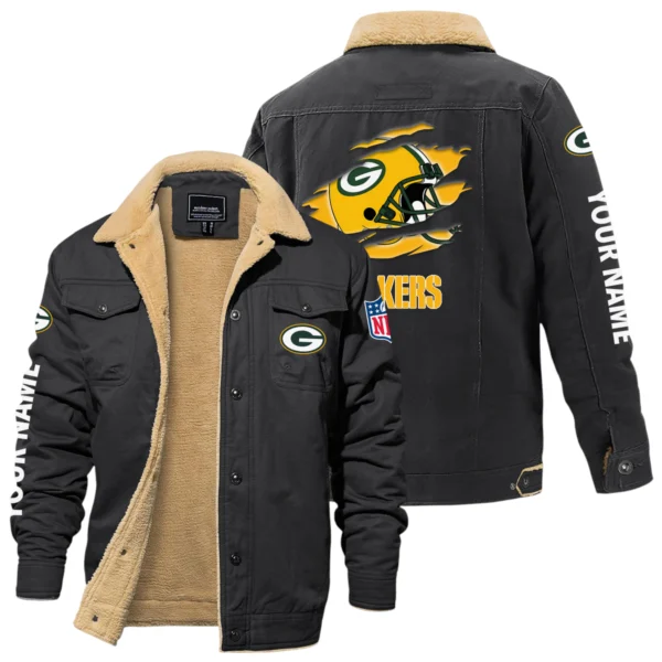 Green Bay Packers Fleece Lined Thick Jacket With Fur Lapel Collar Custom Name
