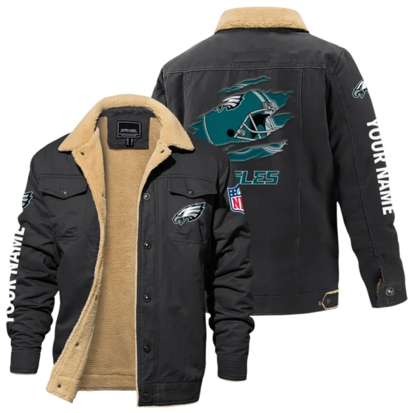 Philadelphia Eagles Fleece Lined Thick Jacket With Fur Lapel Collar Custom Name