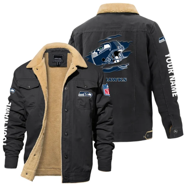 Seattle Seahawks Fleece Lined Thick Jacket With Fur Lapel Collar Custom Name