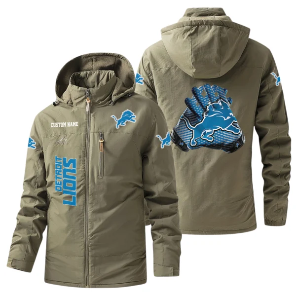 Detroit Lions Windbreaker Jacket Hooded, Warm Lining Waterproof Custom Name