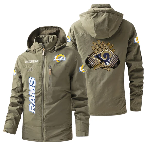 Los Angeles Rams Windbreaker Jacket Hooded, Warm Lining Waterproof Custom Name