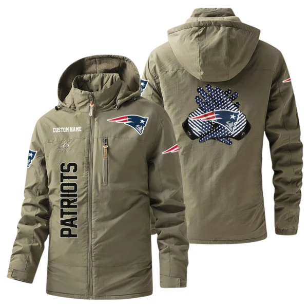 New England Patriots Windbreaker Jacket Hooded, Warm Lining Waterproof Custom Name