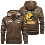 Green Bay Packers PU Leather Hooded Jacket Soft Velvet Lined Jacket Custom Name