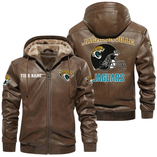 Jacksonville Jaguars PU Leather Hooded Jacket Soft Velvet Lined Jacket Custom Name