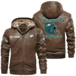 Philadelphia Eagles PU Leather Hooded Jacket Soft Velvet Lined Jacket Custom Name