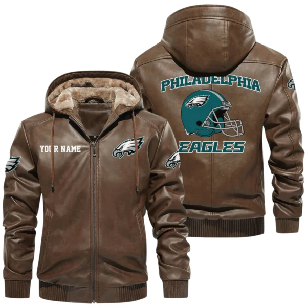 Philadelphia Eagles PU Leather Hooded Jacket Soft Velvet Lined Jacket Custom Name