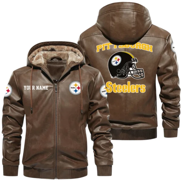 Pittsburgh Steelers PU Leather Hooded Jacket Soft Velvet Lined Jacket Custom Name