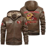 San Francisco 49ers PU Leather Hooded Jacket Soft Velvet Lined Jacket Custom Name