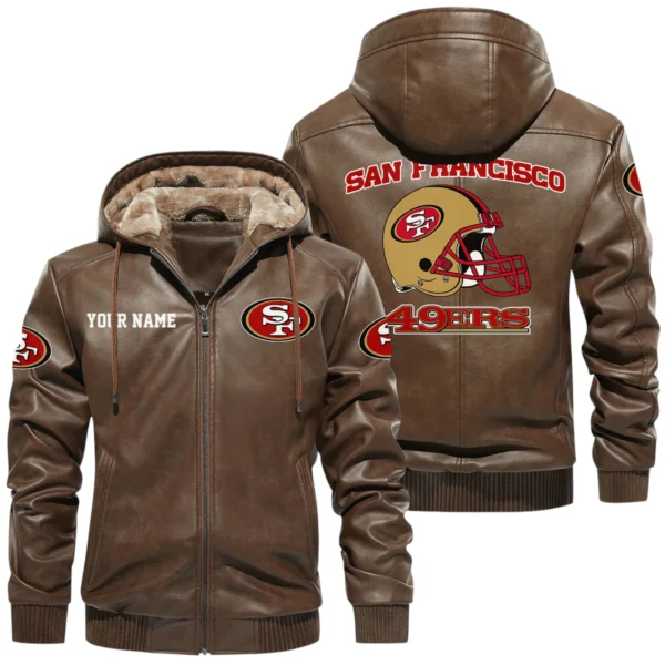 San Francisco 49ers PU Leather Hooded Jacket Soft Velvet Lined Jacket Custom Name