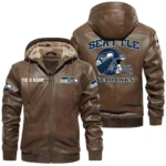 Seattle Seahawks PU Leather Hooded Jacket Soft Velvet Lined Jacket Custom Name