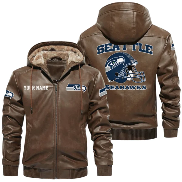 Seattle Seahawks PU Leather Hooded Jacket Soft Velvet Lined Jacket Custom Name