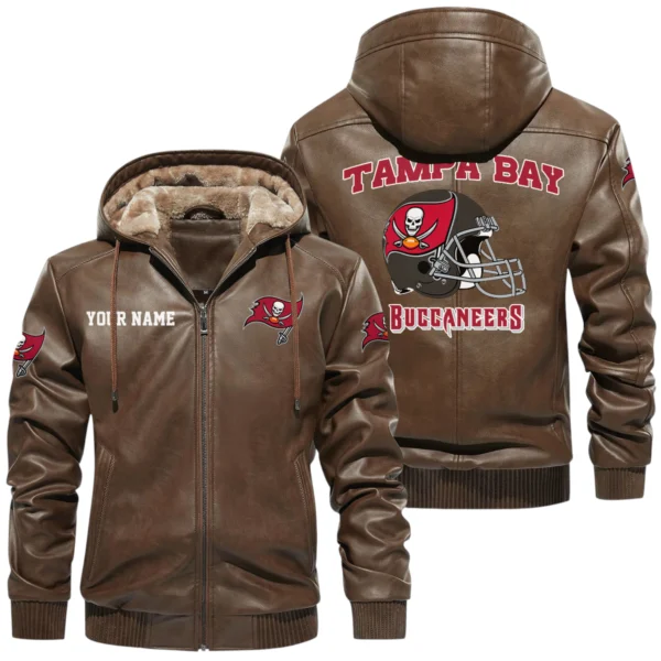 Tampa Bay Buccaneers PU Leather Hooded Jacket Soft Velvet Lined Jacket Custom Name