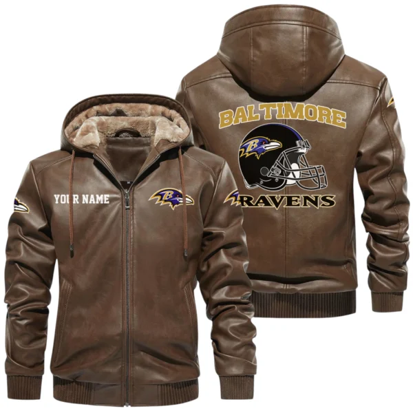Baltimore Ravens PU Leather Hooded Jacket Soft Velvet Lined Jacket Custom Name