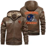 Chicago Bears PU Leather Hooded Jacket Soft Velvet Lined Jacket Custom Name
