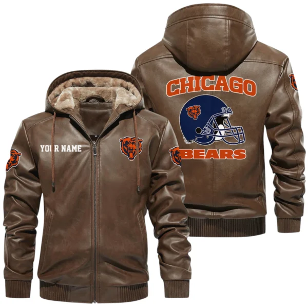 Chicago Bears PU Leather Hooded Jacket Soft Velvet Lined Jacket Custom Name