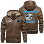 Carolina Panthers PU Leather Hooded Jacket Soft Velvet Lined Jacket Custom Name