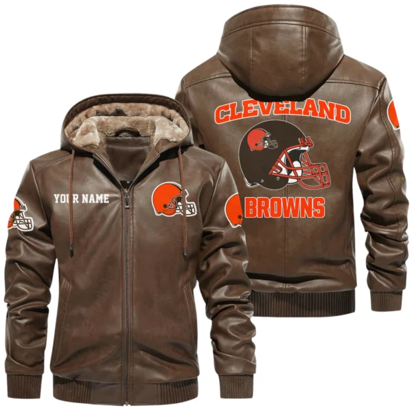 Cleveland Browns PU Leather Hooded Jacket Soft Velvet Lined Jacket Custom Name