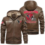 Houston Texans PU Leather Hooded Jacket Soft Velvet Lined Jacket Custom Name
