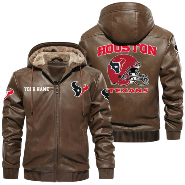 Houston Texans PU Leather Hooded Jacket Soft Velvet Lined Jacket Custom Name