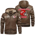 Kansas City Chiefs PU Leather Hooded Jacket Soft Velvet Lined Jacket Custom Name