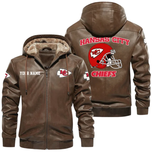 Kansas City Chiefs PU Leather Hooded Jacket Soft Velvet Lined Jacket Custom Name