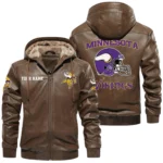 Minnesota Vikings PU Leather Hooded Jacket Soft Velvet Lined Jacket Custom Name