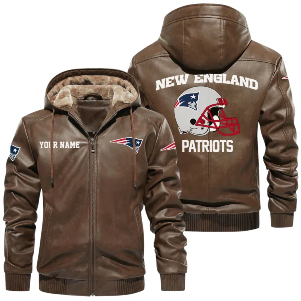 New England Patriots PU Leather Hooded Jacket Soft Velvet Lined Jacket Custom Name