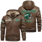 New York Jets PU Leather Hooded Jacket Soft Velvet Lined Jacket Custom Name