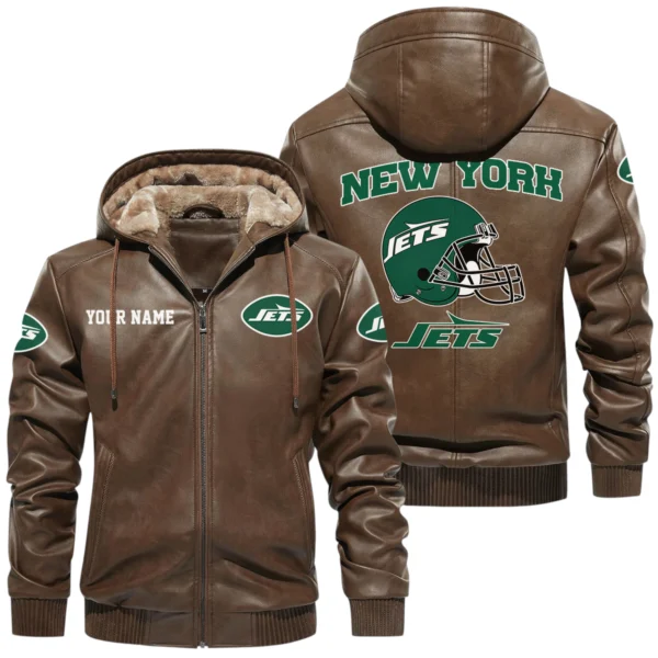 New York Jets PU Leather Hooded Jacket Soft Velvet Lined Jacket Custom Name