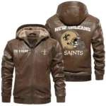 New Orleans Saints PU Leather Hooded Jacket Soft Velvet Lined Jacket Custom Name
