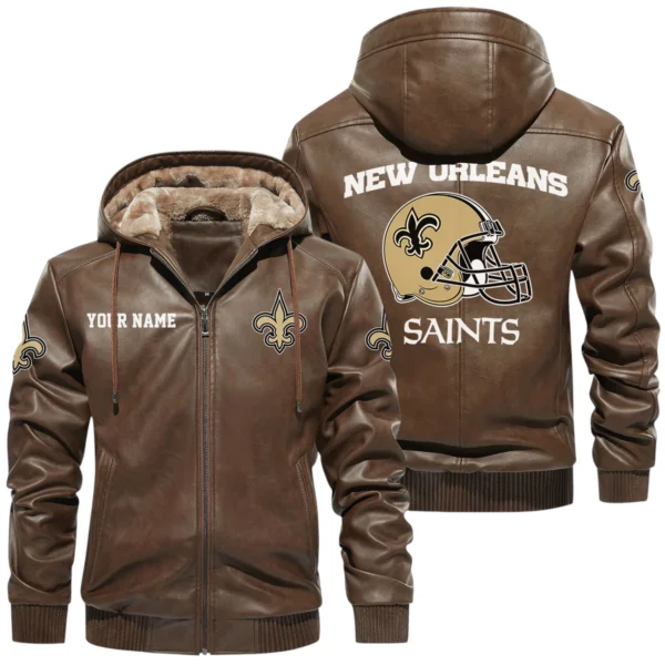 New Orleans Saints PU Leather Hooded Jacket Soft Velvet Lined Jacket Custom Name