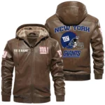 New York Giants PU Leather Hooded Jacket Soft Velvet Lined Jacket Custom Name