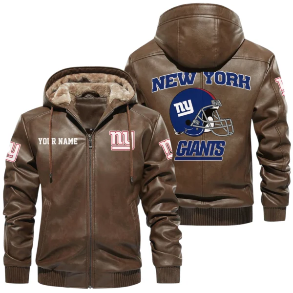 New York Giants PU Leather Hooded Jacket Soft Velvet Lined Jacket Custom Name