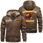 Washington Commanders PU Leather Hooded Jacket Soft Velvet Lined Jacket Custom Name