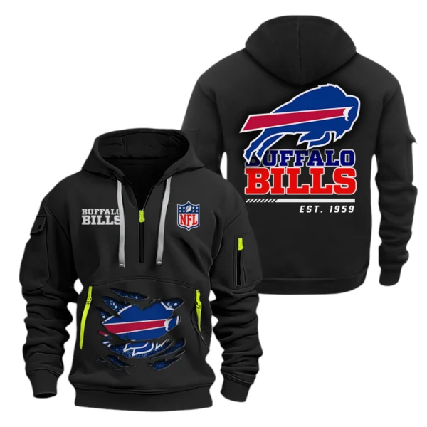 Buffalo Bills Half Zip Hoodie Sports Hooded Multi-Pocket, Custom Text