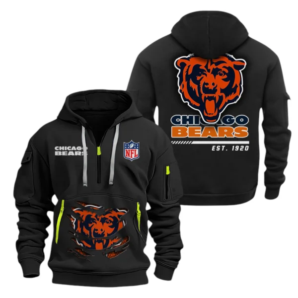 Chicago Bears Half Zip Hoodie Sports Hooded Multi-Pocket, Custom Text