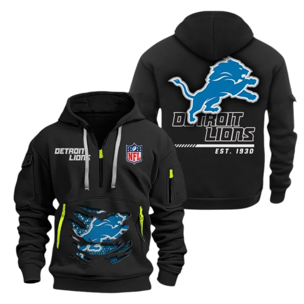 Detroit Lions Half Zip Hoodie Sports Hooded Multi-Pocket, Custom Text