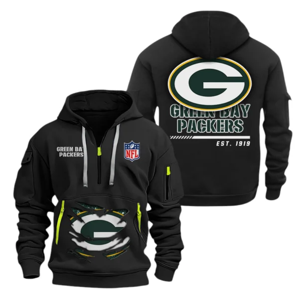 Green Bay Packers Half Zip Hoodie Sports Hooded Multi-Pocket, Custom Text
