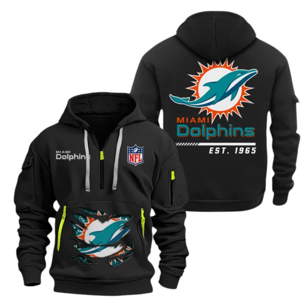 Miami Dolphins Half Zip Hoodie Sports Hooded Multi-Pocket, Custom Text