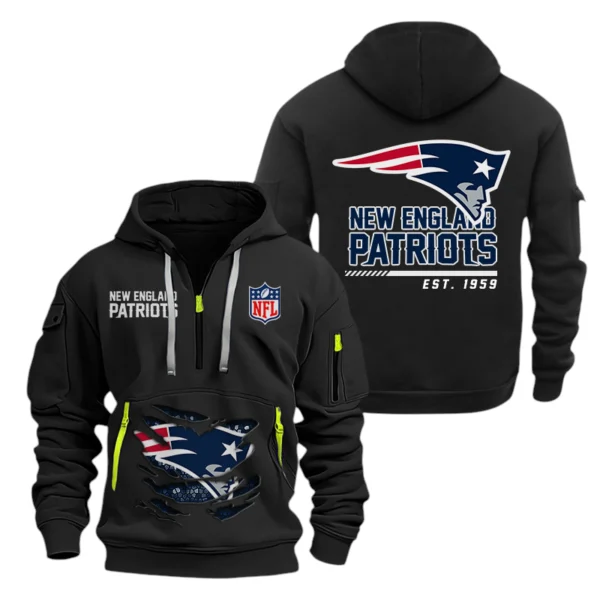 New England Patriots Half Zip Hoodie Sports Hooded Multi-Pocket, Custom Text