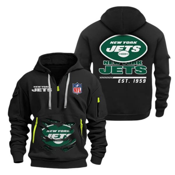 New York Jets Half Zip Hoodie Sports Hooded Multi-Pocket, Custom Text