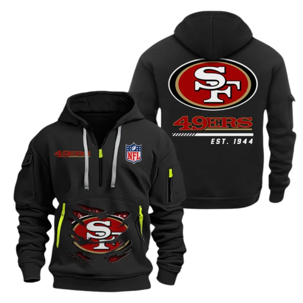 San Francisco 49ers Half Zip Hoodie Sports Hooded Multi-Pocket, Custom Text