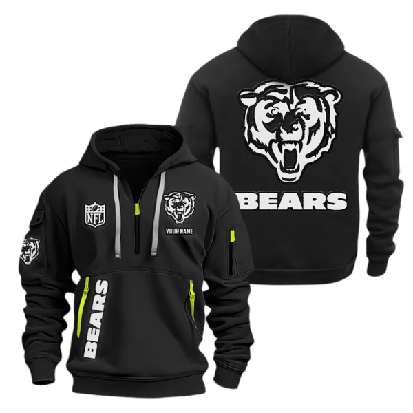 Chicago Bears Half Zip Hoodie Sports Hooded Multi-Pocket, Custom Name